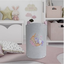 Mekta Home Bebek Ve Çocuk Odası Aya Sarılan Unicorn Desenli Gri Oyuncak Sepeti Renkli Çok Renkli