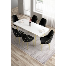 Canisa Tia Serisi 80x132 Açılabilir Mdf Beyaz Yemek Odası Takımı 6 Siyah Sandalye Gold Detay Masa Beyaz Sandalye Siyah