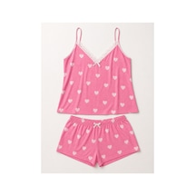 Bravie Kadın Büyük Beden İp Askılı Yakası Dantelli Beyaz Kalpli Pembe Yazlık Pijama Takımı Açık Pembe