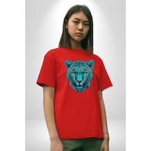 Yeşil Leopar Kafası Pamuklu Bisiklet Yaka Unisex Oversize Boyfriend Dijital Baskılı Kırmızı T-shirt Kırmızı