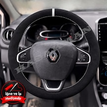 Renault Clio 4 Dikme Direksiyon Kılıfı Full Alcantara Süet Beyaz Yüzük Ve Beyaz Dikiş 2012-2019 Siyah