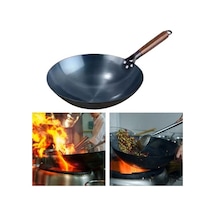 Ankatek Yapışmaz Dökme Demir Wok, 34cm Yuvarlak Taban, Kaplamasız Kızartma Tavası Siyah Siyah