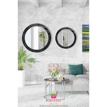 Zümrüt Ahşap Siyah Dekoratif İşlemeli Duvar Aynası İkili 69-56 Cm Siyah