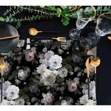 Siyah Çiçek Kumaş Amerikan Servis 4'lü Set - 35x50cm Keten, Ulusl. Yıkama Ve Solmama Sertifikası Çok Renkli