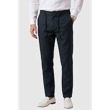 Deepsea Lacivert Slim Fit Likralı Keten Dokulu Lastikli Belli İpli Yazlık Erkek Pantolon 2603001