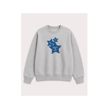 Herkesemoda Kot Efektli Yıldız Baskılı 2 İplik Şardonlu Bisiklet Yaka Sweatshirt Gri