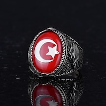 Erkek Ay Yıldız Kartal Yüzük - 925 Ayar Gümüş Yüzük - Hilal Ve Yıldız Tasarımı - Türk Ay Yıldız Bayrağı Kartal Tasarım Yüzük Kırmızı Gümüş