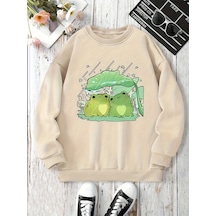 Uyguntarz Unisex Sevimli Kurbagalar Baskılı Oversize Sweatshirt Bej