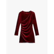 Koton Uzun Kollu Bisiklet Yaka Drape Detaylı Mini Kadife Elbise Bordo 6wak80318ek Bordo