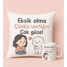 Bk Gift Varlığın Çok Güzel Tasarımlı Beyaz Kırlent Yastık&beyaz Kupa Bardak-1, Doğum Günü Hediyesi, Anneye Hediye, Sevgiliye Hediye, Anneler Günü Hedi