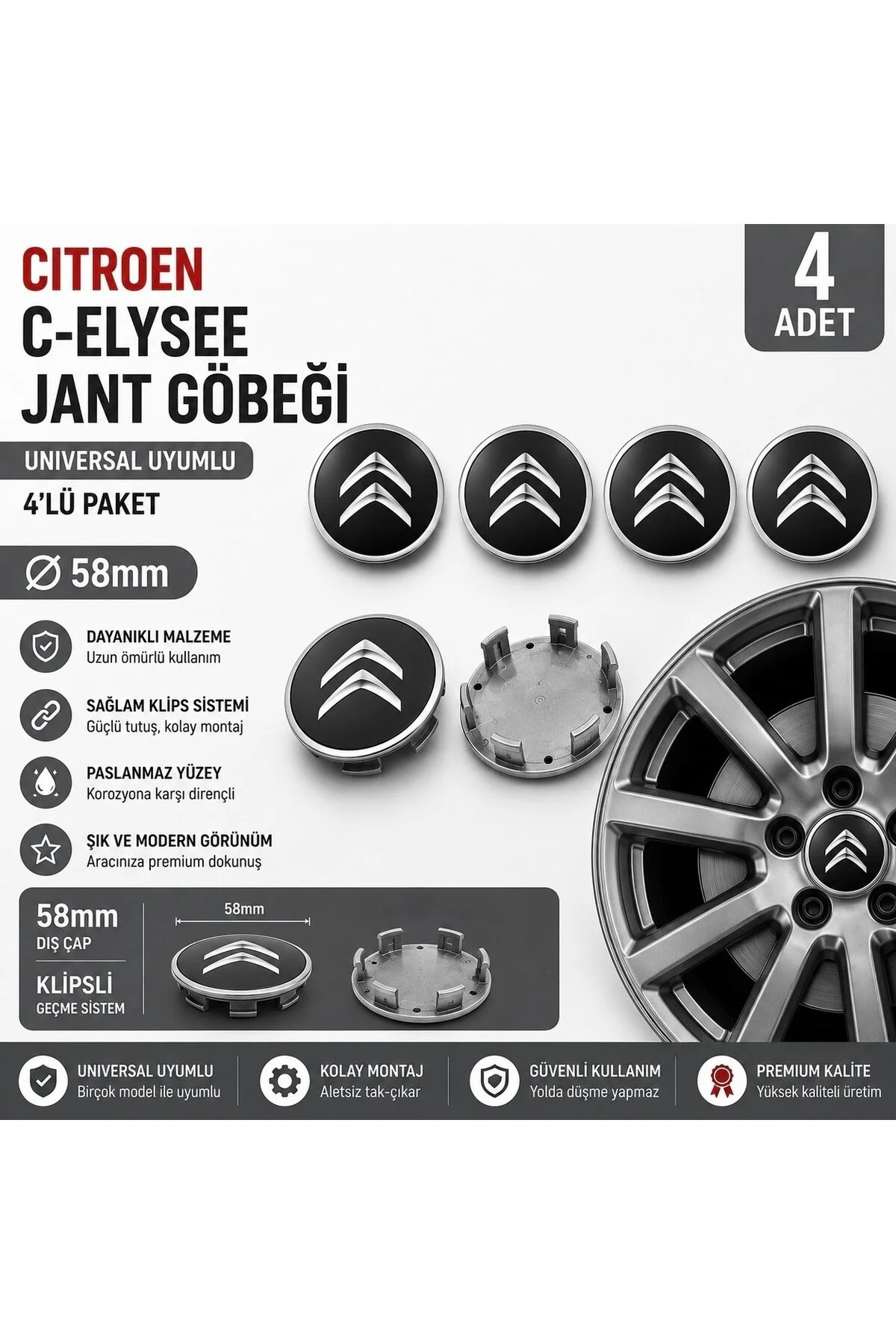 Universal Citroen C-elysee Jant Göbeği 4 Lü 58 Mm