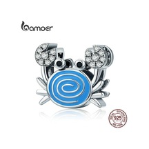 Novahub Bamoer Gerçek 925 Ayar Gümüş Komik Yengeç Temizle Cz Mavi Emaye Göz Alıcı Boncuk Fit Kadın Bilezikler Gümüş