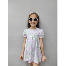 Çiçekli Bürümcük Kumaş Lila Yeşil Esnek Ve Rahat Çocuk Elbisesi Mor