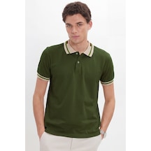 Tudors Erkek Slim Fit Dar Kesim %100 Pamuk Düz Pike Yaka Ve Kol Detaylı Haki Polo Yaka Tişört-50166
