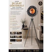 Krom 24 Saat Göstergeli 150 X 45 Cm Özel Tasarım Tripod Ayaklı Saat