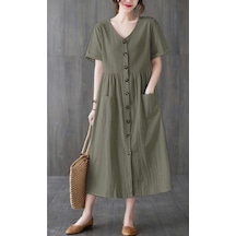 Barbora Keten Günlük Rahat V Yaka Beli Büzgü Detaylı Düğmeli Elbise Ln04haki5 001 Barbora Keten Günlük Rahat V Yaka Beli Büzgü Detaylı Düğmeli Elbise Ln04haki5 001