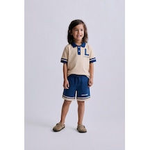 Erkek Çocuk Pamuklu Bej Lacivert Polo Yaka T-shirt Şort Takım Çok Renkli
