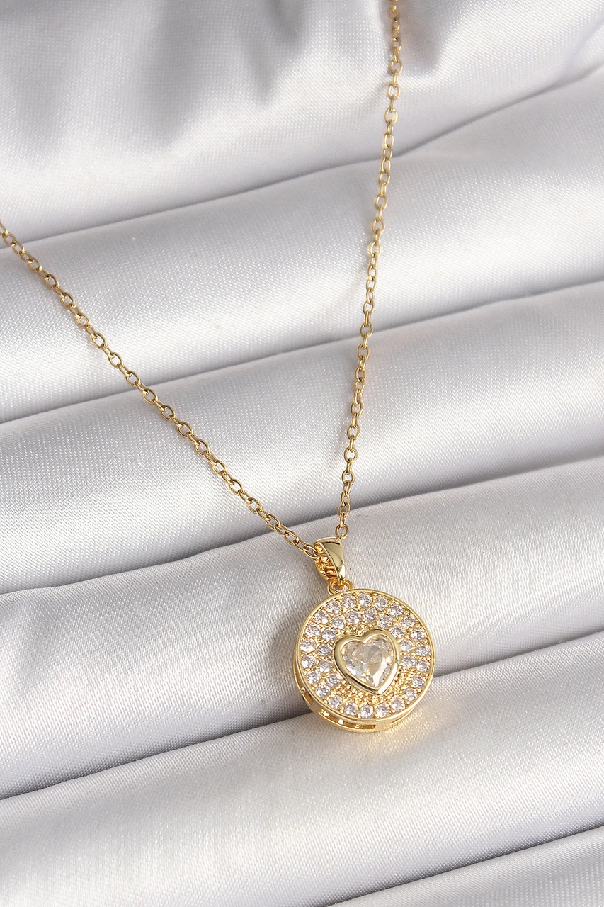 316l Çelik Gold Renk Zincir Madalyon Zirkon Taşlı Kalp Model Kadın Kolye