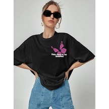 Kelebek Story B T-shirt - Siyah Baskılı Oversize Bisiklet Yaka Kısa Kol Tişört Siyah