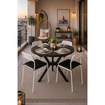 Siyah 4 Kişilik Minderli Balkon Takımı, Balkon Masası, Balkon Sandalyesi, Yuvarlak Masa, Yemek Masası, Mutfak Masa Sandalye Takımı, 4 Sandalye 1 Masa Siyah/siyah-beyaz