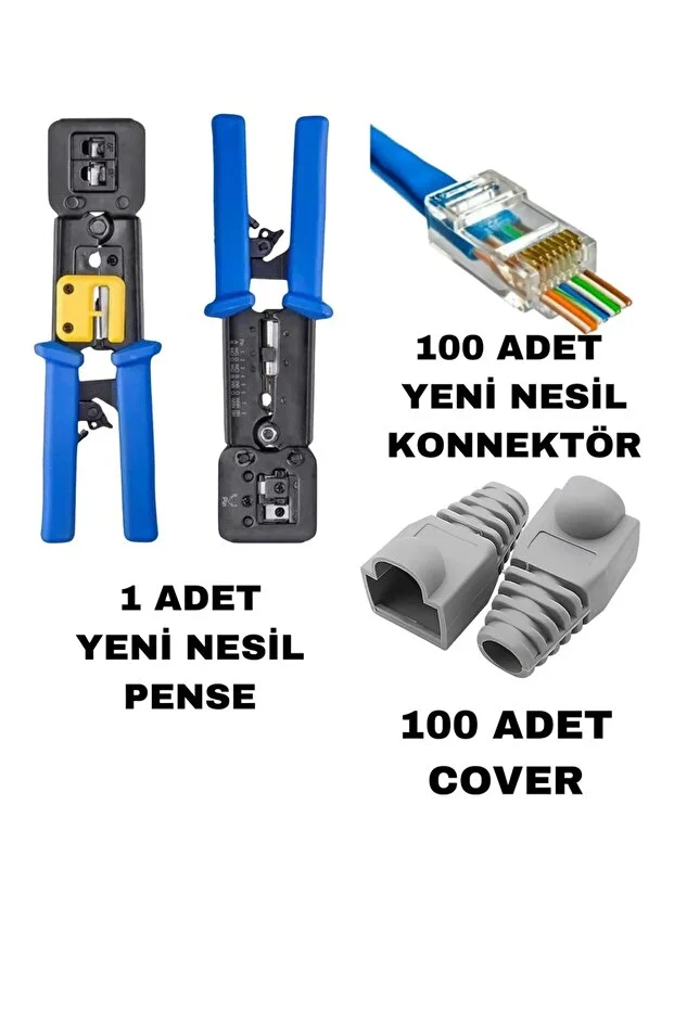 Yeni Nesil Ez Pense + 100 Adet Yeni Nesil Ez Delikli Rj45 Cat6 + 100 Adet Cover Kılıf İnternet Lan Ethernet Bakım Kiti 3 İn 1 Set
