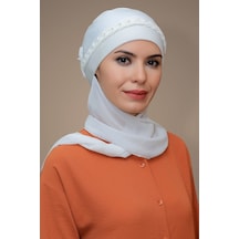Hürrem Bone Krem Pratik Hazır Geçmeli Tesettür Bone Sandy Kumaş Örgülü Güllü Krem