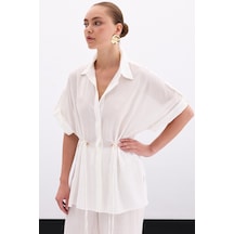 Sateen Bel Büzgü Detaylı Gömlek - Ekru-136101 Ekru