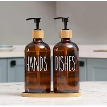 Cam Dispenser Seti 2 Li Şişe Hands & Dishes Etiketli , Bambu Kapaklı, Sıvı Sabun & Deterjan Pompası