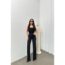 Lacarino 7984 Wide Leg Kadın Jean Pantolon Siyah Taşlı