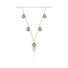 Çekirdekjewelry 925 Ayar Gümüş Sarı Altın Kaplama Lacivert Taşlı Damla Kolye Yansımalı Zarif Tasarım Pembe