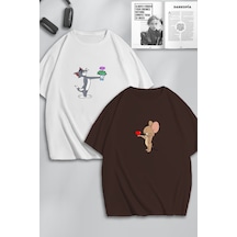 Unisex Kadın Erkek Çiçek Kalp Tom Ve Jerry Baskılı Sevgili Çift Kombini Tasarım Oversize Tshirt 2li Kahvebeyaz Mck0201 Çok Renkli