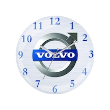 Volvo Logolu Çap 30cm Sessiz Akar Bombeli Gerçek Cam Duvar Saati Gri - Mavi
