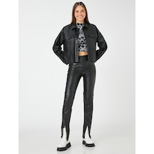 Koton Deri Görünümlü Tayt Paçaları Yırtmaç Detaylı Nervürlü Siyah 3wal40088ık Siyah SiYAH