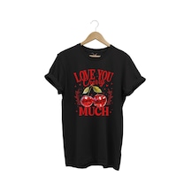 Love You Cherry Much Yazılı Kiraz Baskılı %100 Pamuk Unisex Regular Fit T-shirt Siyah