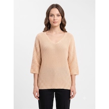 Neden Tekstil Kadın V Yaka Oversize Triko Kazak - Pembe