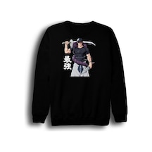 Jujutsu Kaisen - Toji Fushiguro - Anime Baskılı Unisex %100 Pamuk Siyah Bisiklet Yaka Sweatshirt Siyah