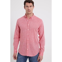 Tudors Erkek Slim Fit Dar Kesim Uzun Kollu Keten Premium Seri Düğmeli Yaka Spor Nar Rengi Gömlek-42641 Nar