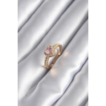 Pirinç Gold Renk Pembe Zirkon Taş Kalp Charm Model Kadın Yüzük Çok Renkli 19150551