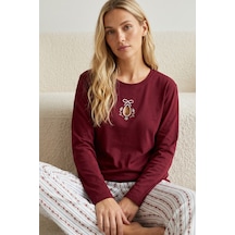 Siyah İnci Nakışlı Pamuklu Likralı Örme Pijama Takım26240345 Bordo