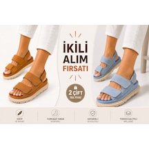 Papucumun Dünyası Kadın Yüksek Taban 4cm Çift Bantlı Rahat Şık Konforlu Sandalet Çok Renkli2