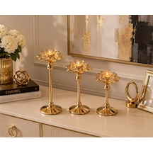 Chacha Home 3'lü Metal Ayaklı Lotus Kristal Cam Şamdan Mumluk Seti 29 Cm - 24 Cm - 19 Cm - Dekoratif Nilüfer Çiçeği Mum Standı Gold