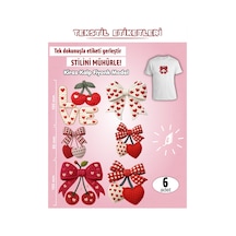 Ütü İle Yapışan Kıyafet Etiketi Kiraz Kalp Fiyonk Temalı 6lı Set Karışık