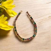 Kırmızı Sanat Evi Çok Renkli Gold Oval Su Yolu Taşlı Klipsli Çelik Bileklik