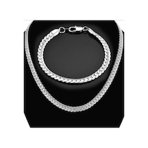 Silver Ezme Yassı Yılan Çelik Unisex Kolye Ve Bileklik Seti Eck36 Beyaz