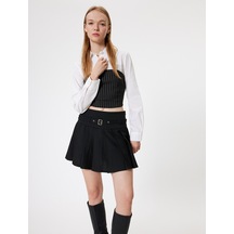 Koton Mini Pileli Etek Kemer Detaylı Standart Bel Slim Fit Siyah 5wal70012ıw Siyah