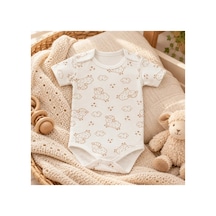 Cantaz Unisex Bebek Kuzu Desenli %100 Pamuk Kısa Kollu Çıtçıtlı Body Zıbın Krem