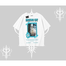 Tarzsokak Missing Cat Baskılı Oversize Tshirt Beyaz