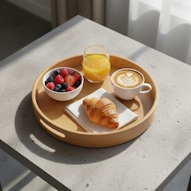 Ayrex Taşıma Kulplu Yuvarlak Bambu Tepsi 30 Cm Doğal Ahşap Servis Tepsisi Kahve, Kahvaltı Ve Dekoratif Masaü