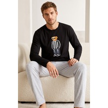 Siyah İnci Baskılı Pamuklu Örme Uzun Kollu Pijama Takım 8076 Siyah