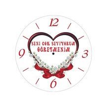 Seni Çok Seviyorum Öğretmenim Çap 30cm Sessiz Akar Bombeli Gerçek Cam Duvar Saati Siyah